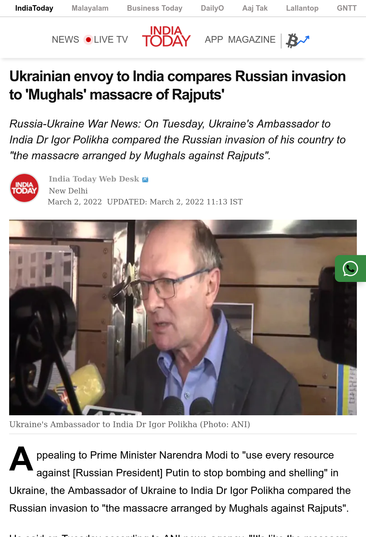 India Today - Ukraine envoy compares Russian Invasion to Mughals massacre of Rajputs